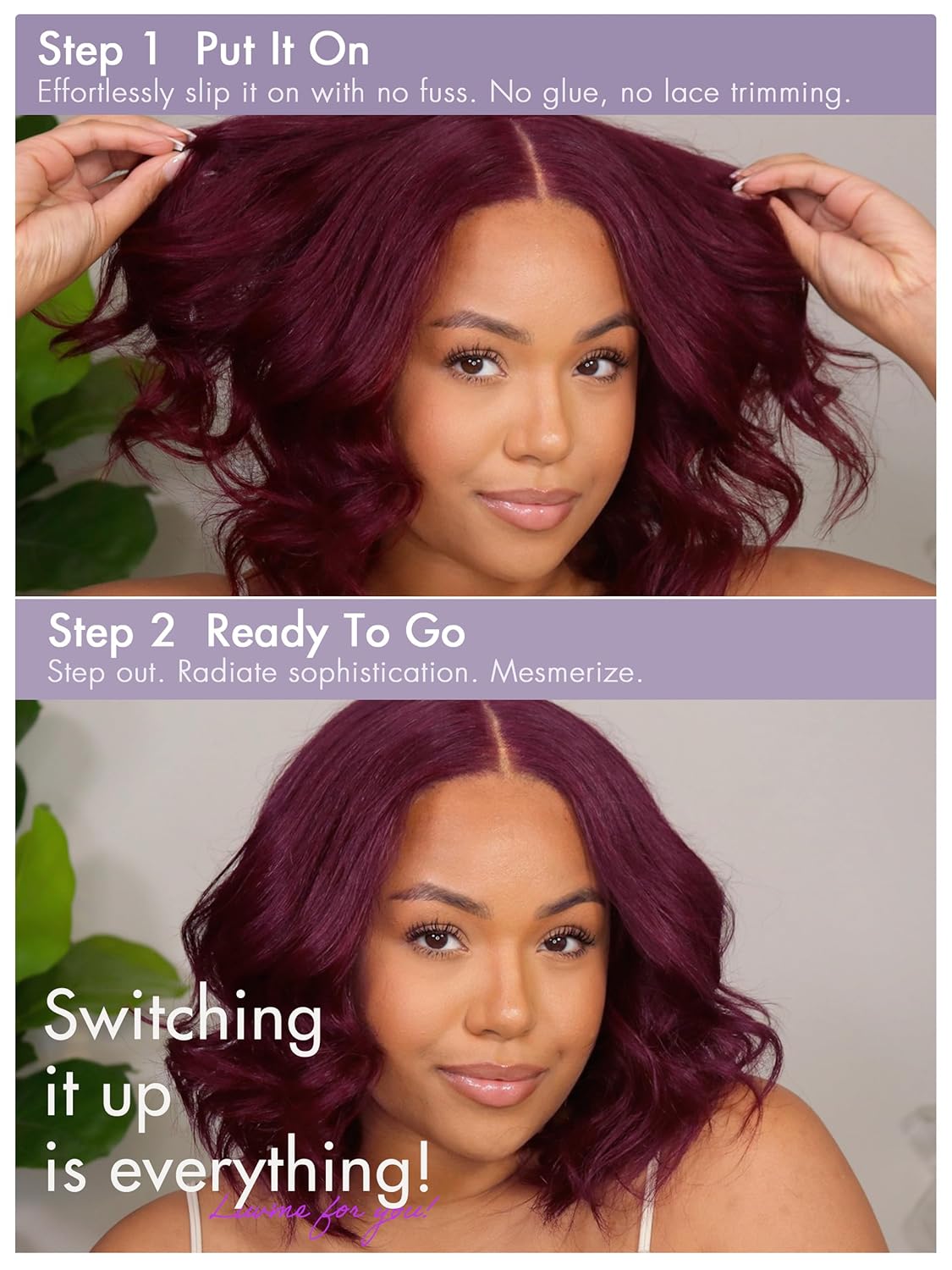 LUVME HAIR 10'' Burgundy 99J Bob Wig Human Hair Pre Cut Glueless HD Lace Closure Wig Pre Plucked, Chic Dark Red 99J Body Wave Short Loose Wave Wigs For Women - Image 5
