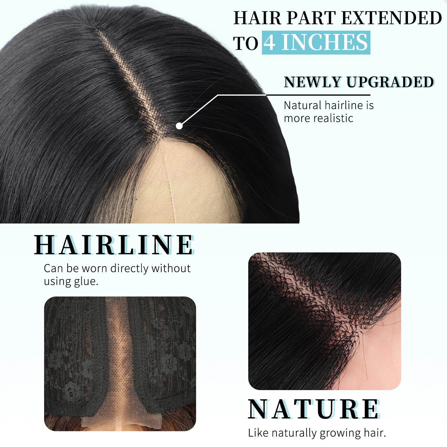 AISI HAIR Black Wig for Women, Long Wavy Lace Hairline Middle Part Synthetic Heat Resistant Wig for Daily Party-26 Inch - Image 4