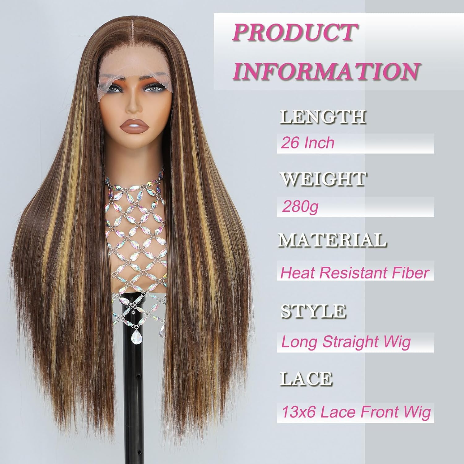 Synthetic Lace Front Wig, Honey Blonde Wig 13x6 Hd Lace Pre-Plucked Long Straight Highlights Glueless Wigs for Black Women 26 Inch Suitable for Everyday Wear - Image 2