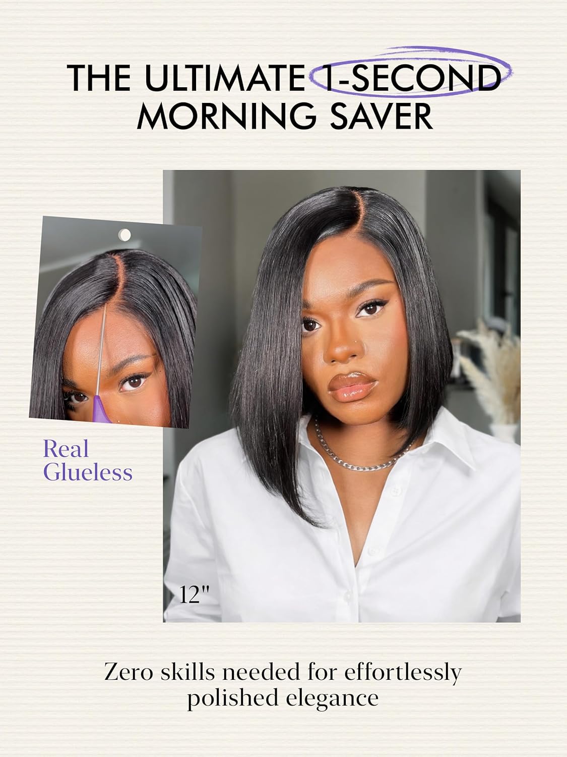 LUVME HAIR Bob Wig 100% Human Hair Wigs Protective Wig Glueless Without Spray Lace Front 10 Inches Bob, Pre Cut Plucked Lace Short Wig Ready To Go Natural Color Straight Bleached Knots Black Wigs - Image 3