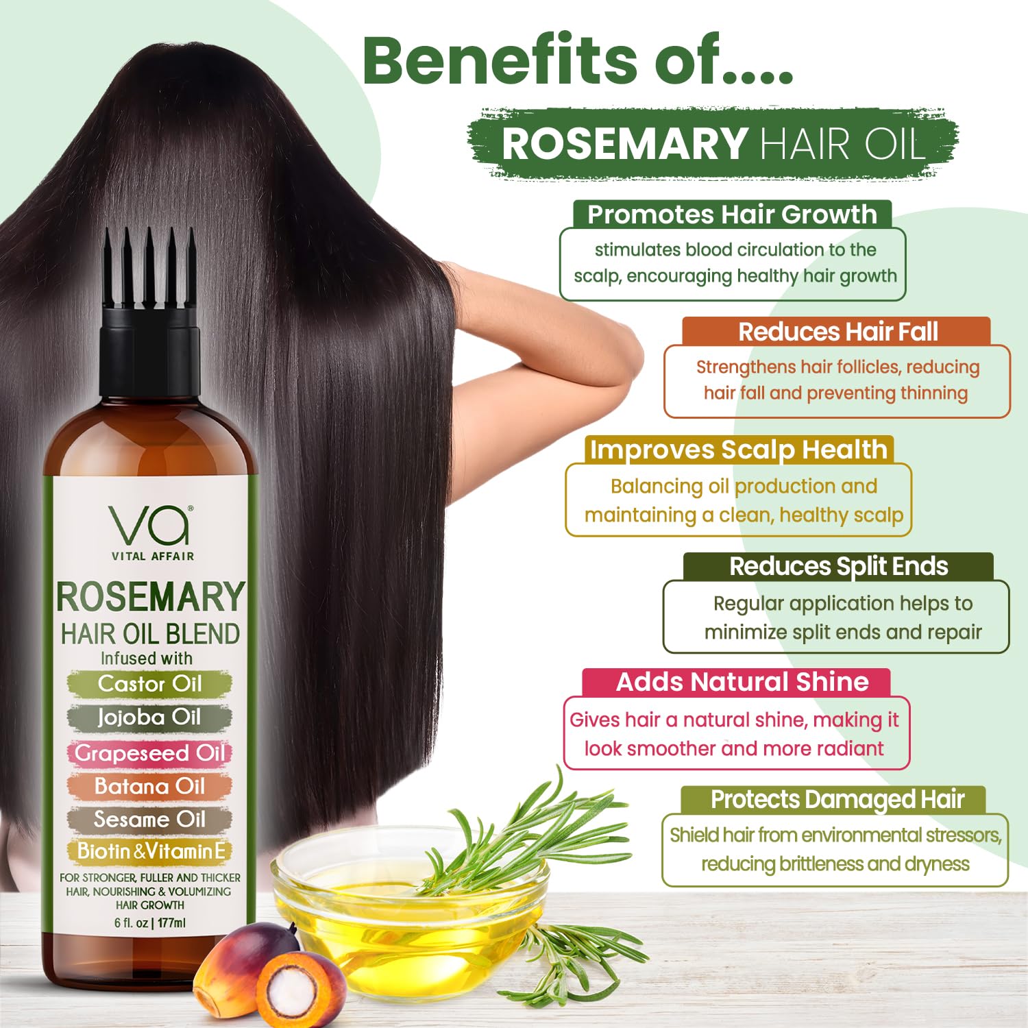 Blend Of Pure Rosemary Oil For Hair Growth With Castor, Batana, Jojoba Oil-Infused With Biotin & Vitamin E-Blend of Effective Hair Oils for Hair Growth-Strengthening Treatment-By Vital Affair-6 Fl Oz - Image 7