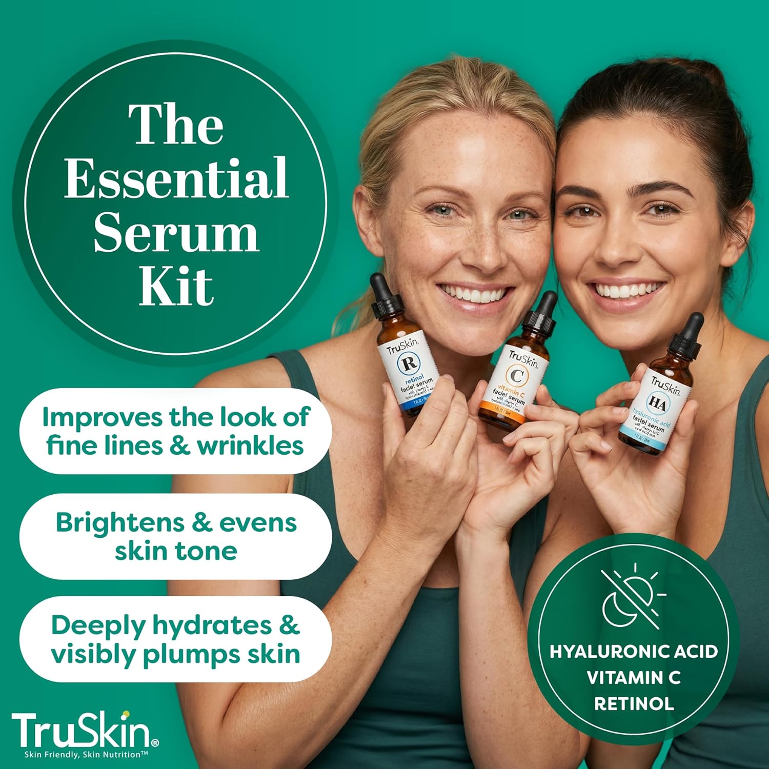 TruSkin Face Serum Trio - Vitamin C, Retinol & Hyaluronic Acid Anti-Aging Serums for Face - AM, PM & All-Day Skincare Routine - Brightening, Smoothing & Hydrating Facial Serums, 1 fl oz Each - Image 2