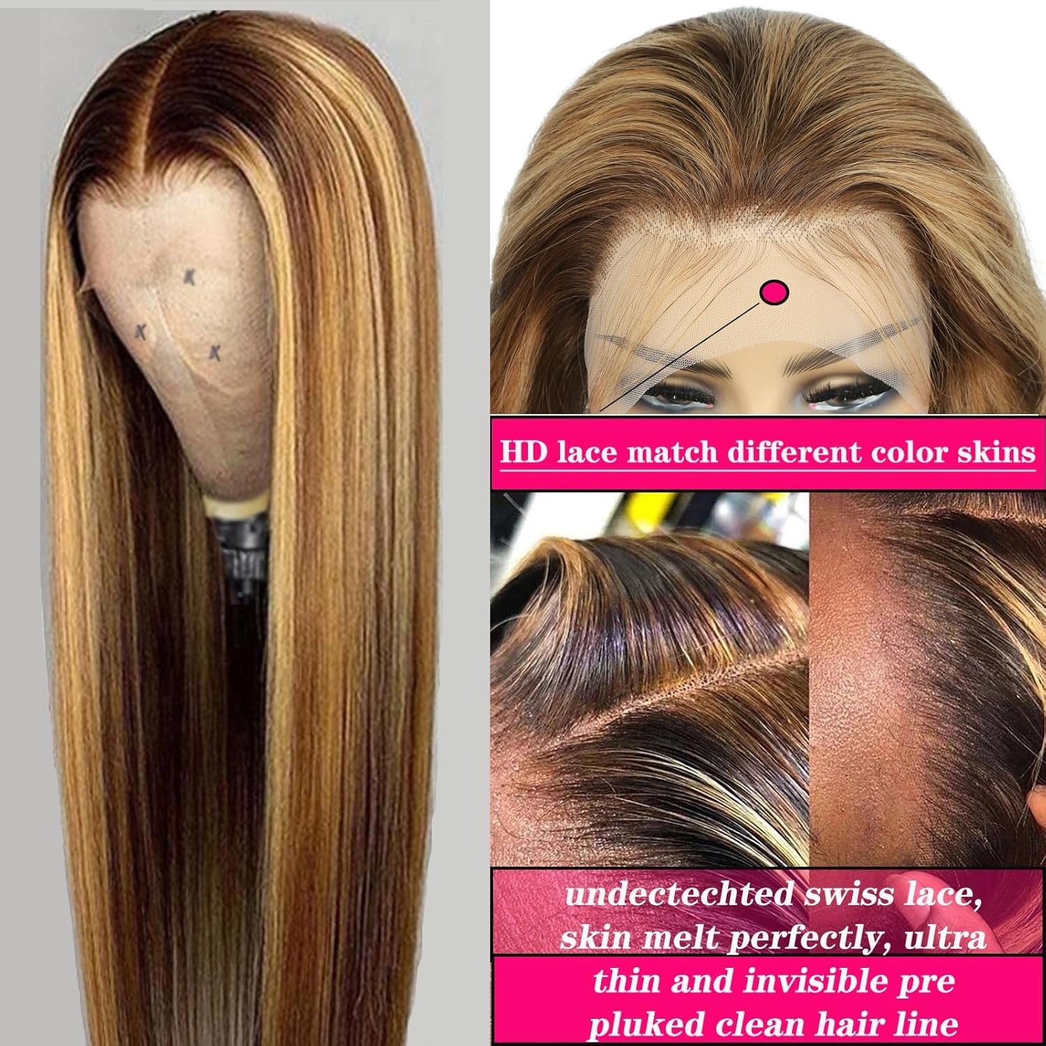 Cypha Ombre Lace Front Wig Human Hair 28inch 13x6 Straight Highlight Wig Human Hair 180% Density 4/27 Colored Honey Blonde HD Lace Frontal Wigs For Women Glueless Pre Plucked with Baby Hair - Image 4