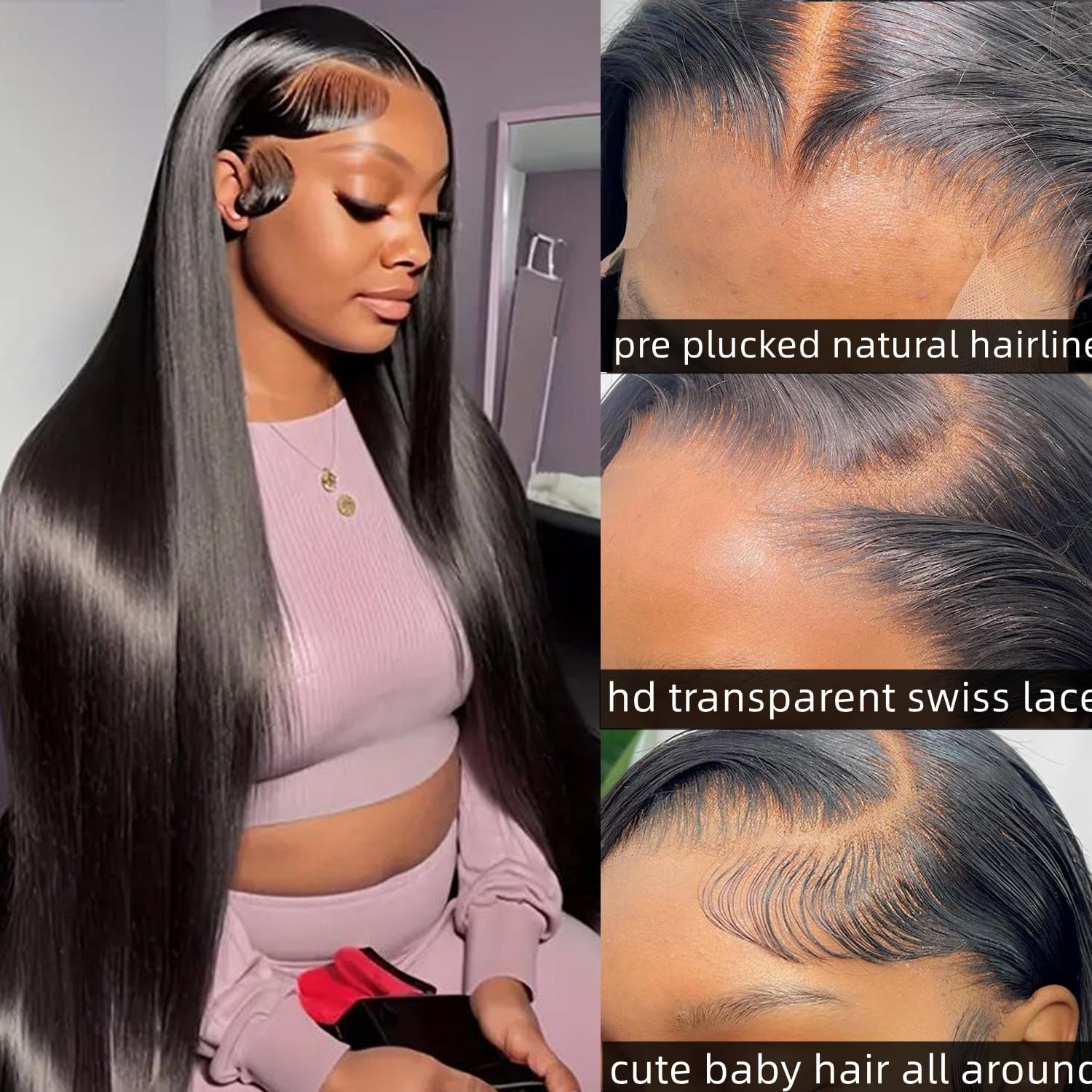 DULOVE Lace Front Wigs Human Hair 13x4 Straight HD Transparent Lace Front Wigs for Women Pre Plucked With Baby Hair 220 Density Glueless Natural Color 24inch - Image 2