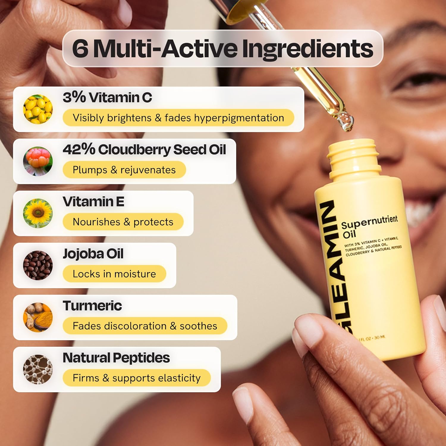 Gleamin Supernutrient Facial Oil - 3% Vitamin C with Jojoba Oil, Cloudberry & Turmeric for Hydration, Firm Look & Even Tone - Lightweight, Fragrance-Free, Skin Care for Women and Men - 1 Fl Oz - Image 4