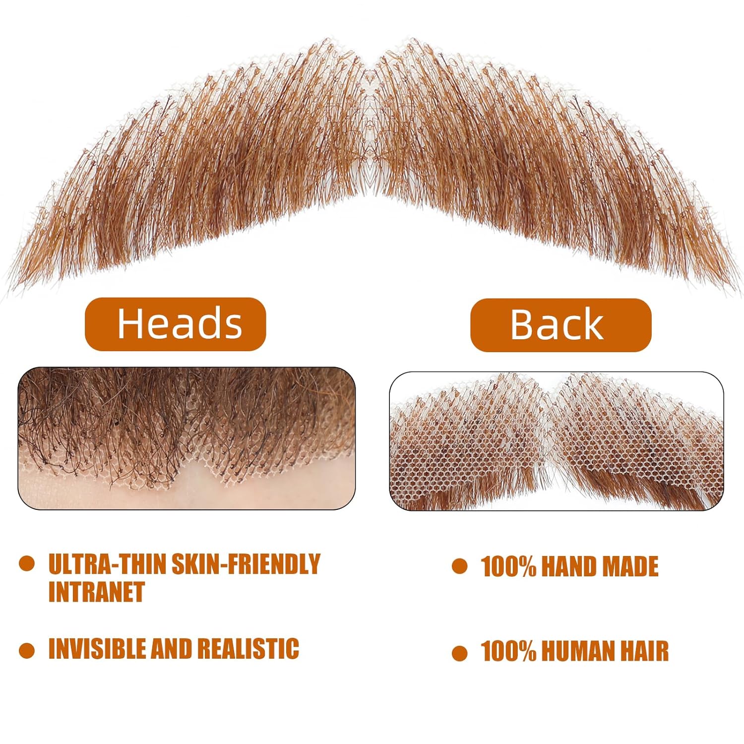 Fake Mustache Natural Realistic 100% Human Hair Fake Beard Handmade Invisible Lace Fake Facial Hair for Entertainment/Drama/Parties/Cosplay/Halloween (Brown Fake Beard 2-2) - Image 3