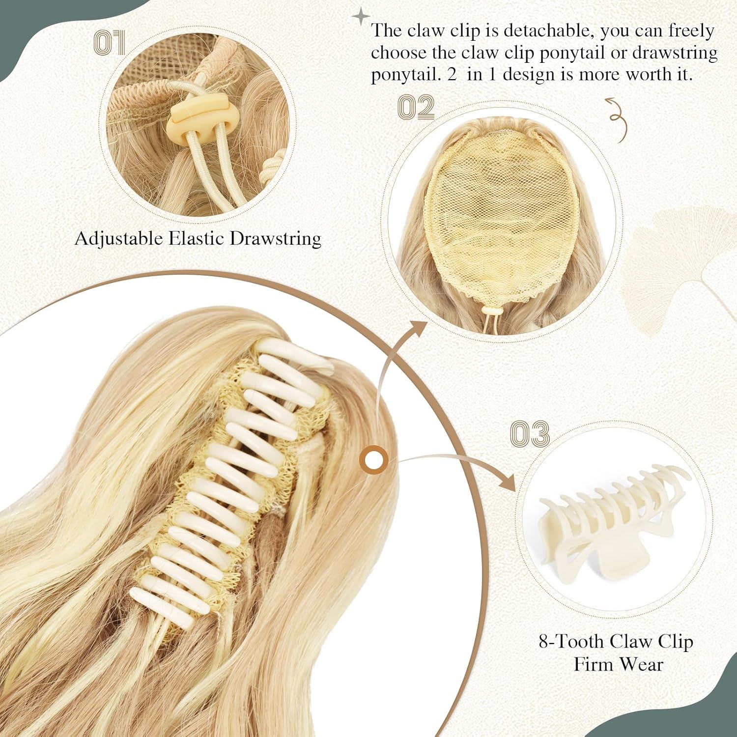 SOFEIYAN 14" Ponytail Extension, Short Wavy Claw Clip in Ponytail Hair Extension Synthetic Hairpieces Beige Blonde Mix Blonde Layered Natural Fluffy Curly Drawstring Ponytail Hair Piece for Women - Image 3