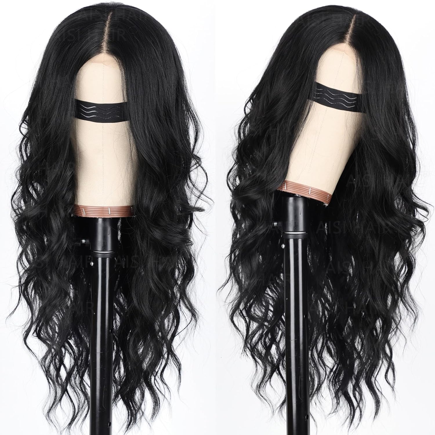 AISI HAIR Black Wig for Women, Long Wavy Lace Hairline Middle Part Synthetic Heat Resistant Wig for Daily Party-26 Inch - Image 2