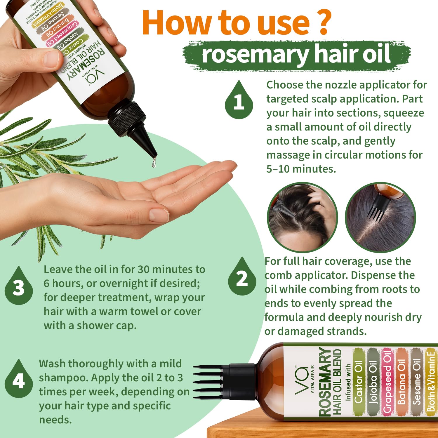 Blend Of Pure Rosemary Oil For Hair Growth With Castor, Batana, Jojoba Oil-Infused With Biotin & Vitamin E-Blend of Effective Hair Oils for Hair Growth-Strengthening Treatment-By Vital Affair-6 Fl Oz - Image 4