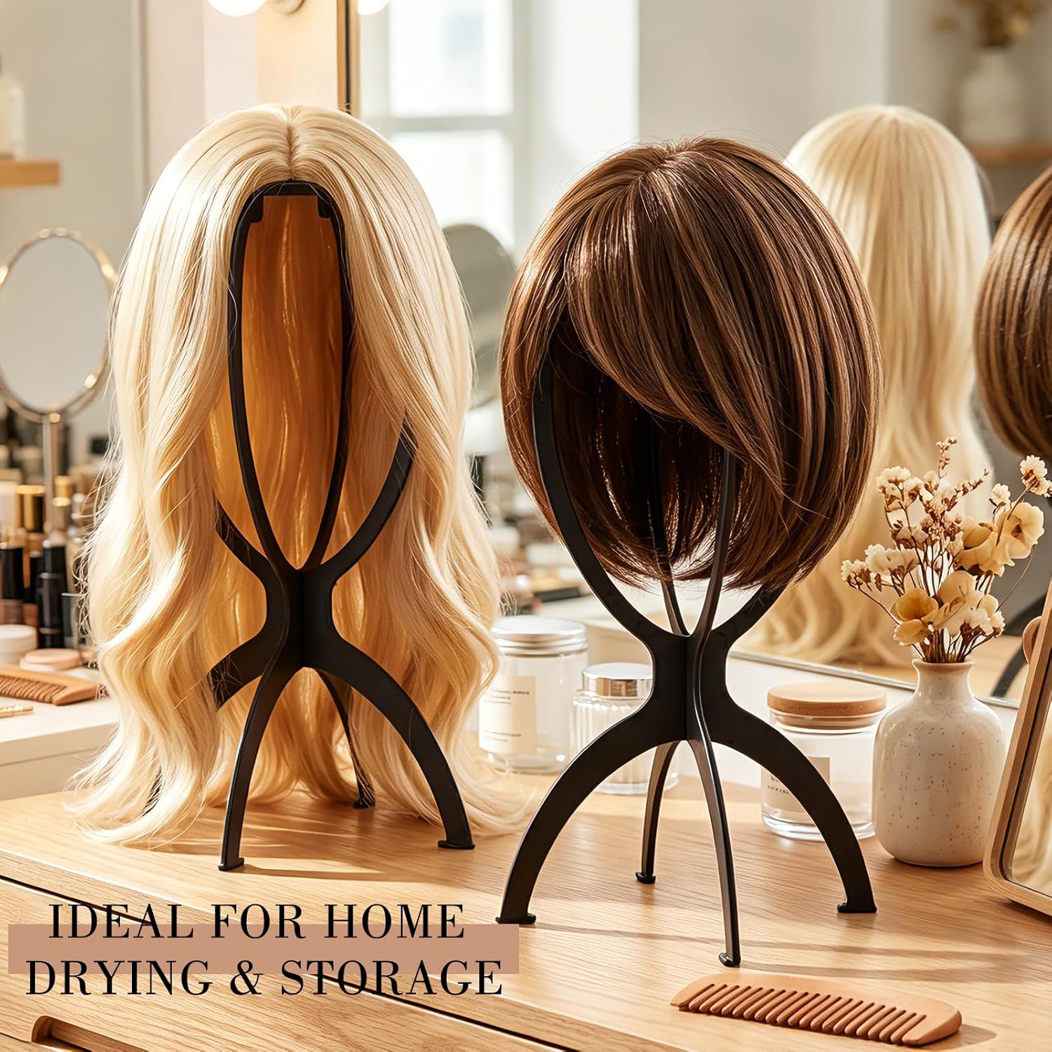 obeoby Portable Wig Stand, Upgraded Greater Stability Wig Holder for Women Multiple Wigs Travel Salon Home Use Black, 2 Pack - Image 5