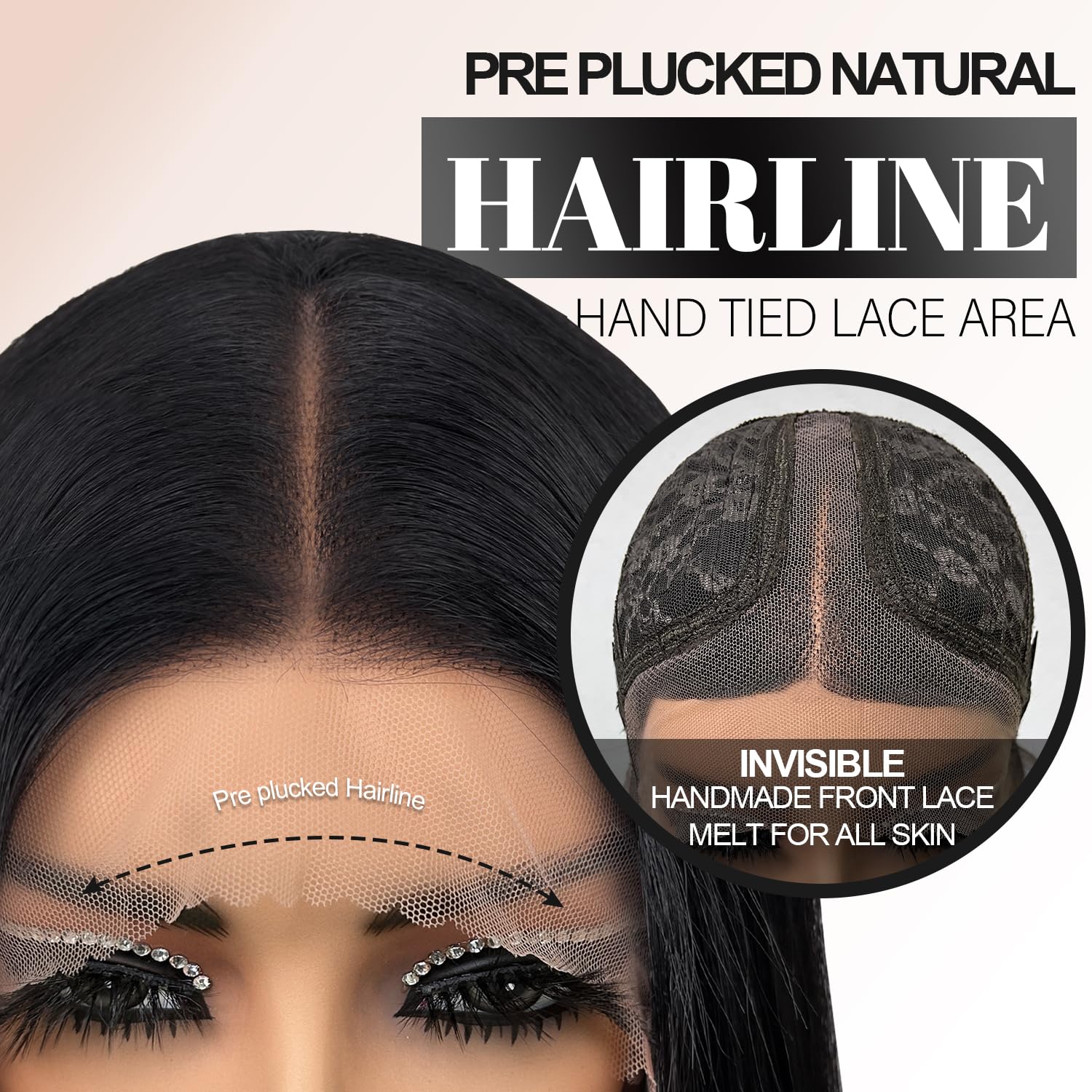 Su Mei.s Glueless Synthetic Lace Front Wig 26 Inches Long Straight Black Wigs for Black Women 13x5x1 HD Lace Hand Tied Pre Plucked Hairline (#1B Natural Black, 26 Inch) - Image 4