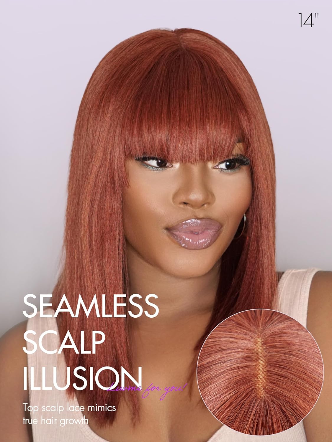 LUVME HAIR 12 Inch Reddish Brown Light Yaki Straight Human Hair Bob Wig With Bangs - Image 2