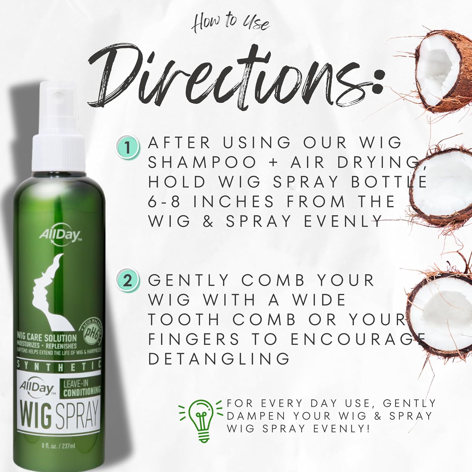 AllDay Locks Synthetic Wig Spray - Refreshing Leave-In Conditioner for Synthetic Hair, Detangler & Cleanser Spray for Wigs, for Women and Men, Nourishes & Softens Fibers - 8 oz Bottle - Image 6
