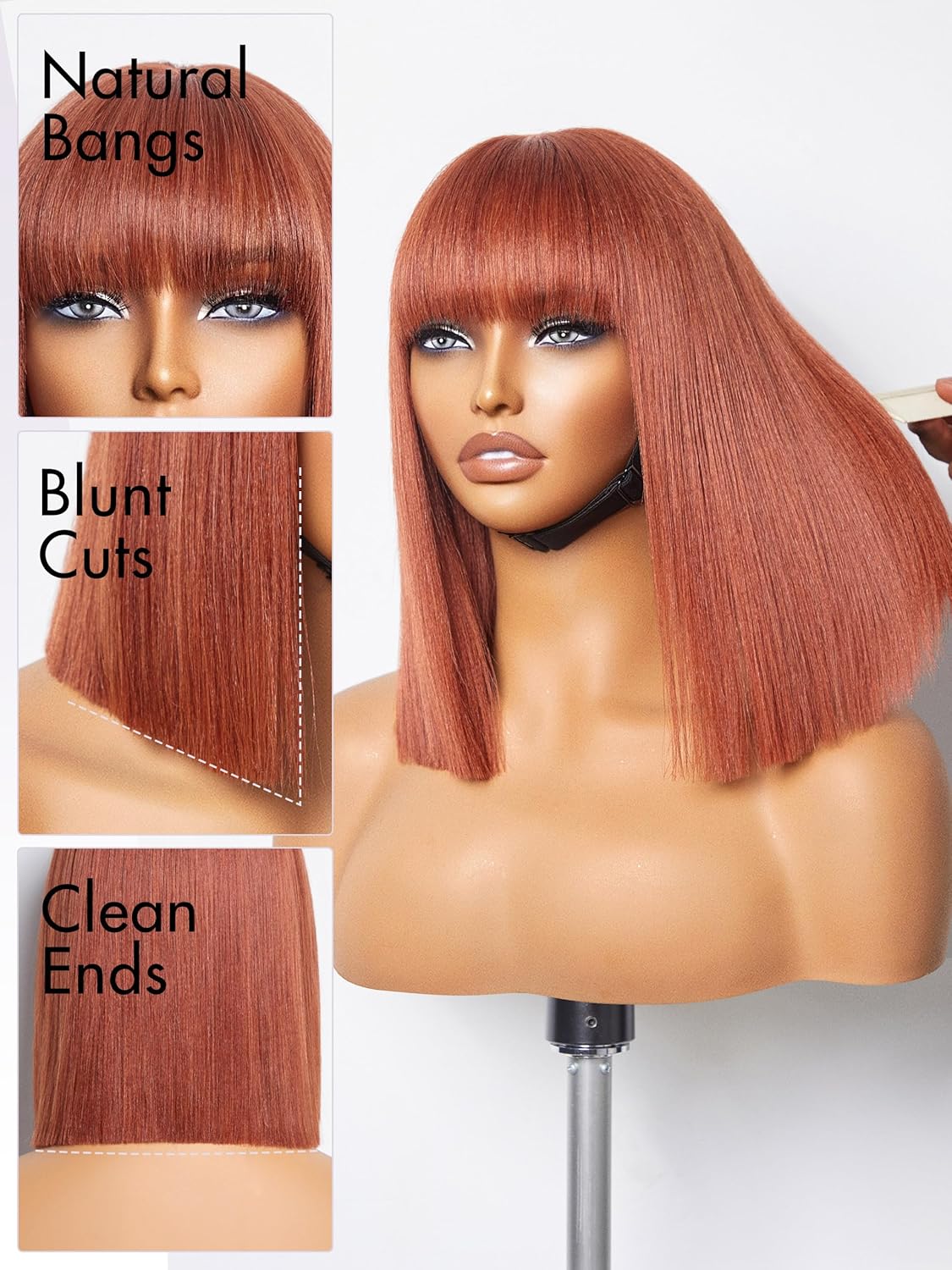 LUVME HAIR 12 Inch Reddish Brown Light Yaki Straight Human Hair Bob Wig With Bangs - Image 5