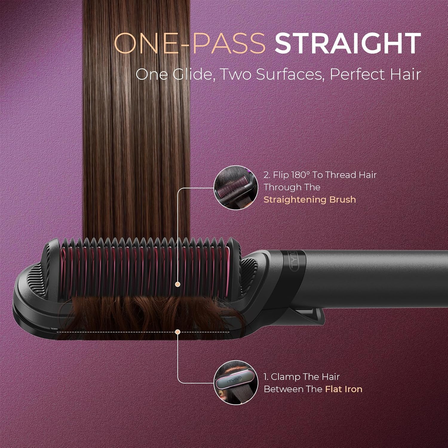 TYMO Flat Iron Hair Straightener Brush 2 in 1, 200M Ions Hair Straighteners for Women, Ceramic Straightening Hot Comb for Anti-Frizz Straights, Waves, Curl, 3X Less Heat Damage, Dual Voltage, Black - Image 4