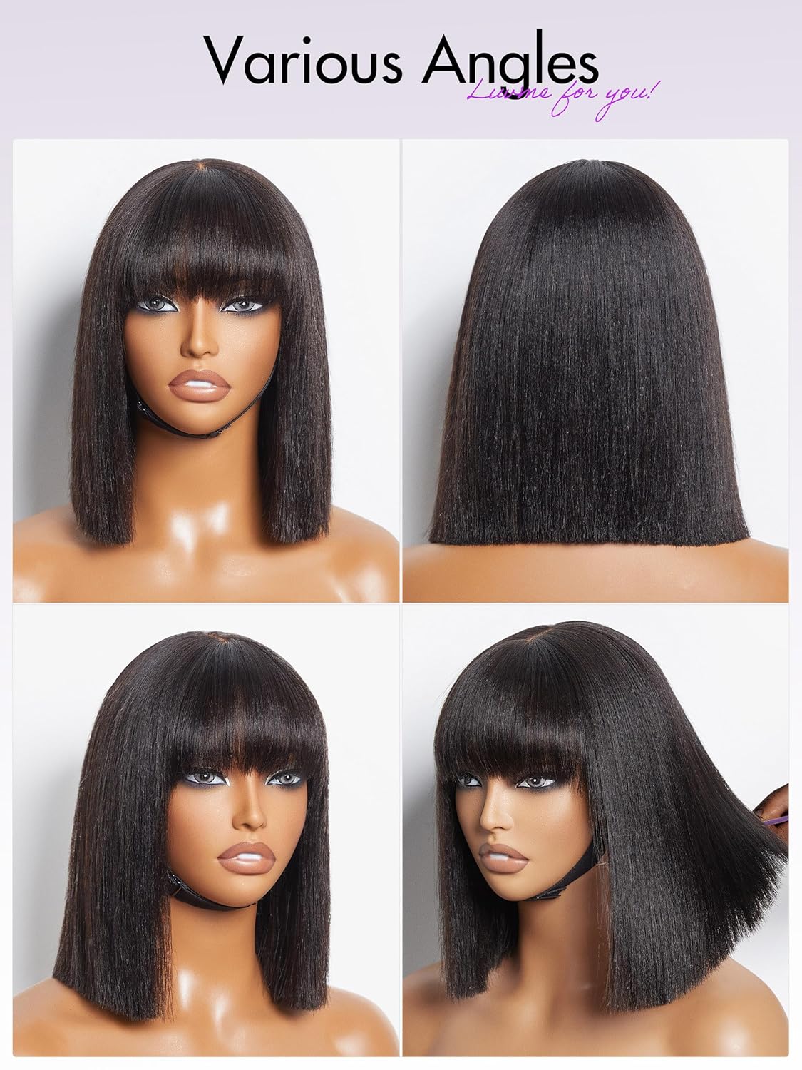 LUVME HAIR 10 Inch Light Yaki Straight Bob Wig with Bangs Human Hair - Image 8