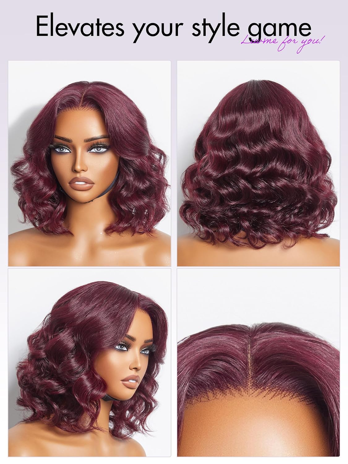 LUVME HAIR 10'' Burgundy 99J Bob Wig Human Hair Pre Cut Glueless HD Lace Closure Wig Pre Plucked, Chic Dark Red 99J Body Wave Short Loose Wave Wigs For Women - Image 7