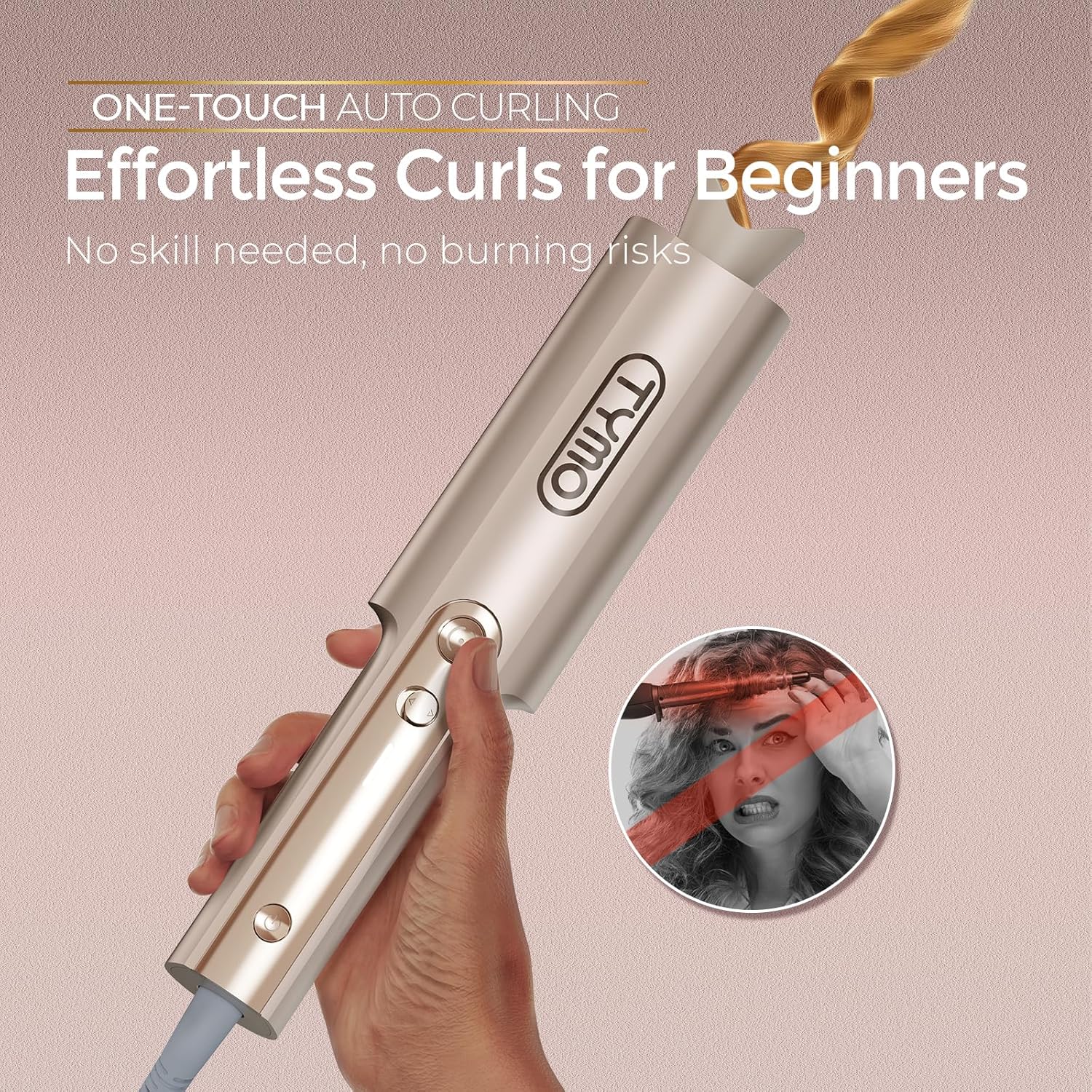 TYMO CurlPro Plus Automatic Rotating Curling Iron - Upgraded Long Barrel Curling Wand for Long Hair, Ceramic Hair Curler for Women, Anti-Scald, Tangle-Free, 600M Ionic, Dual Voltage, Gold, 1 Inch - Image 2